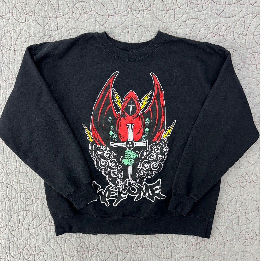 Welcome Skateboards Sweatshirt Black Reaper Cross Skulls / Mens Large